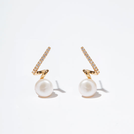 Twisted Shape Freshwater Pearl Studs with Sparking Zirconia