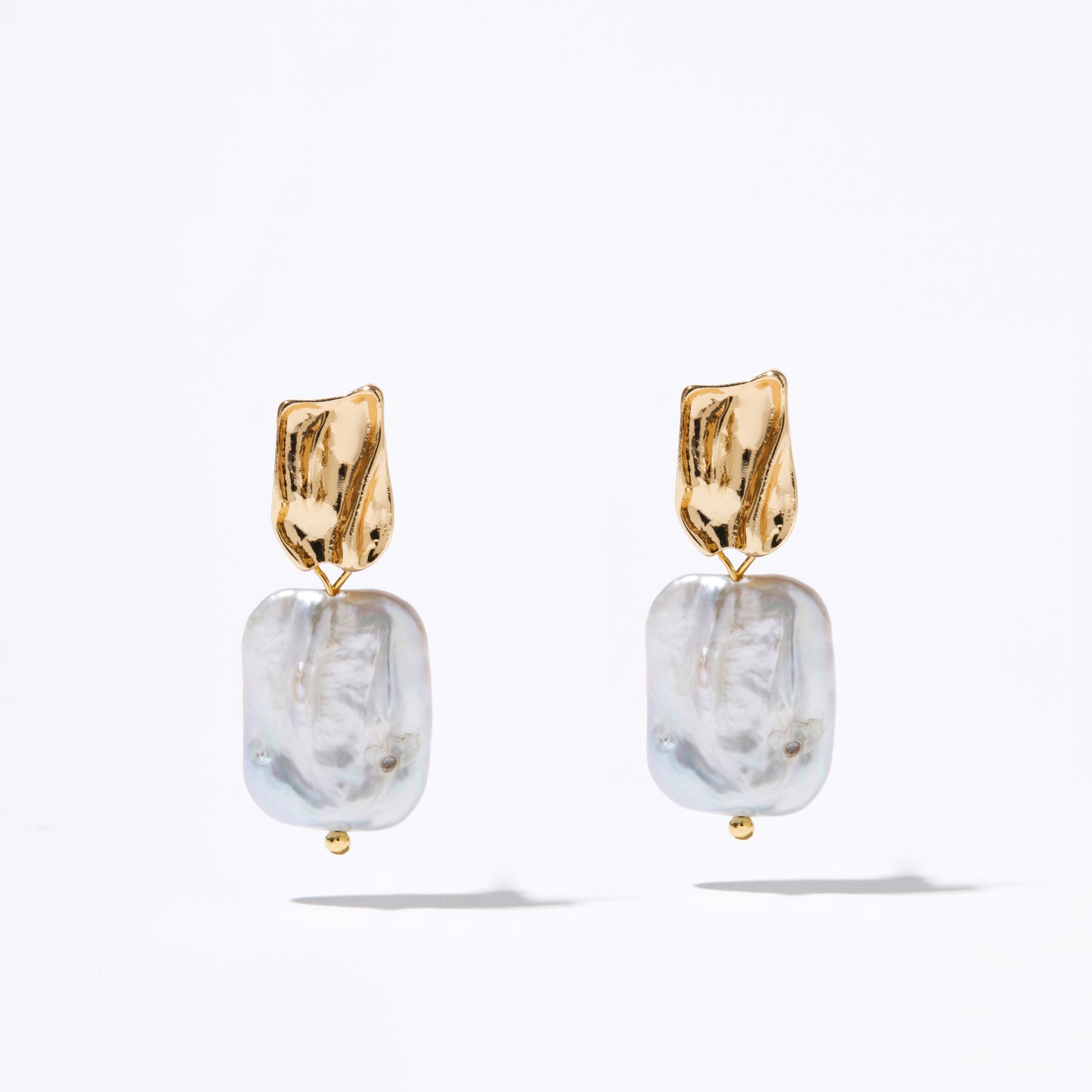 Gold Square Baroque Freshwater Pearl Drop Earrings