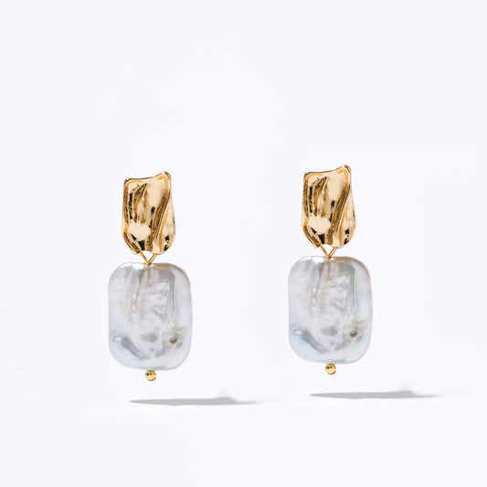 Gold Square Baroque Freshwater Pearl Drop Earrings