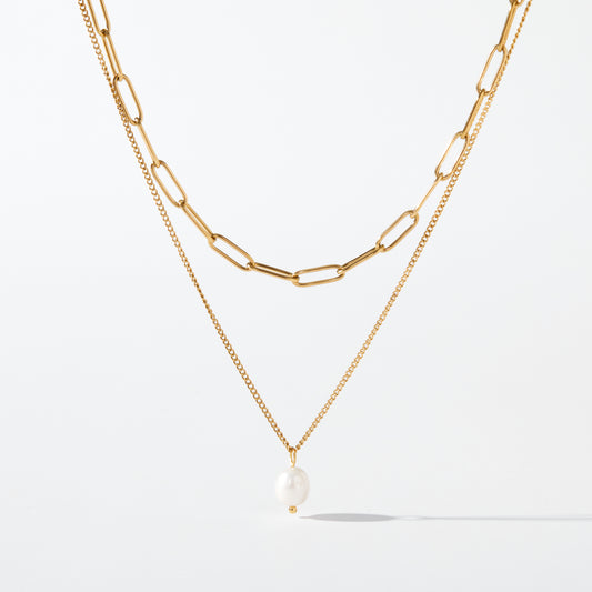 Stainless steel double chain pearl necklace