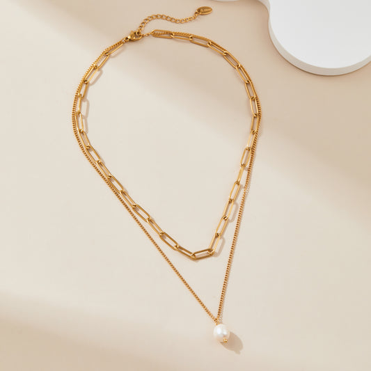 Stainless steel double chain pearl necklace