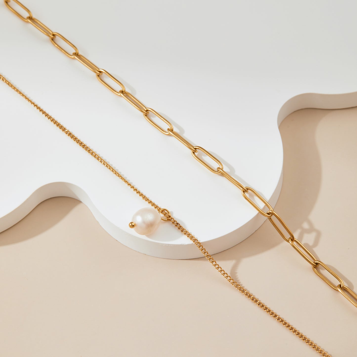 Stainless steel double chain pearl necklace
