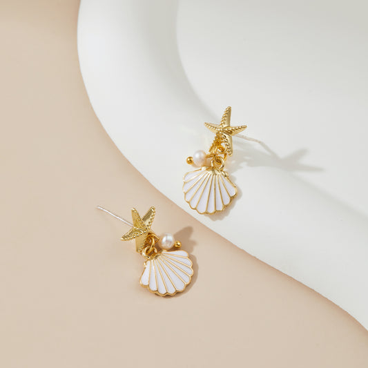 Beach Time – Starfish & Shell Pearl Drop Earrings