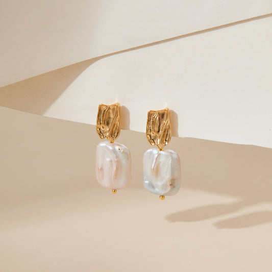 Gold Square Baroque Freshwater Pearl Drop Earrings