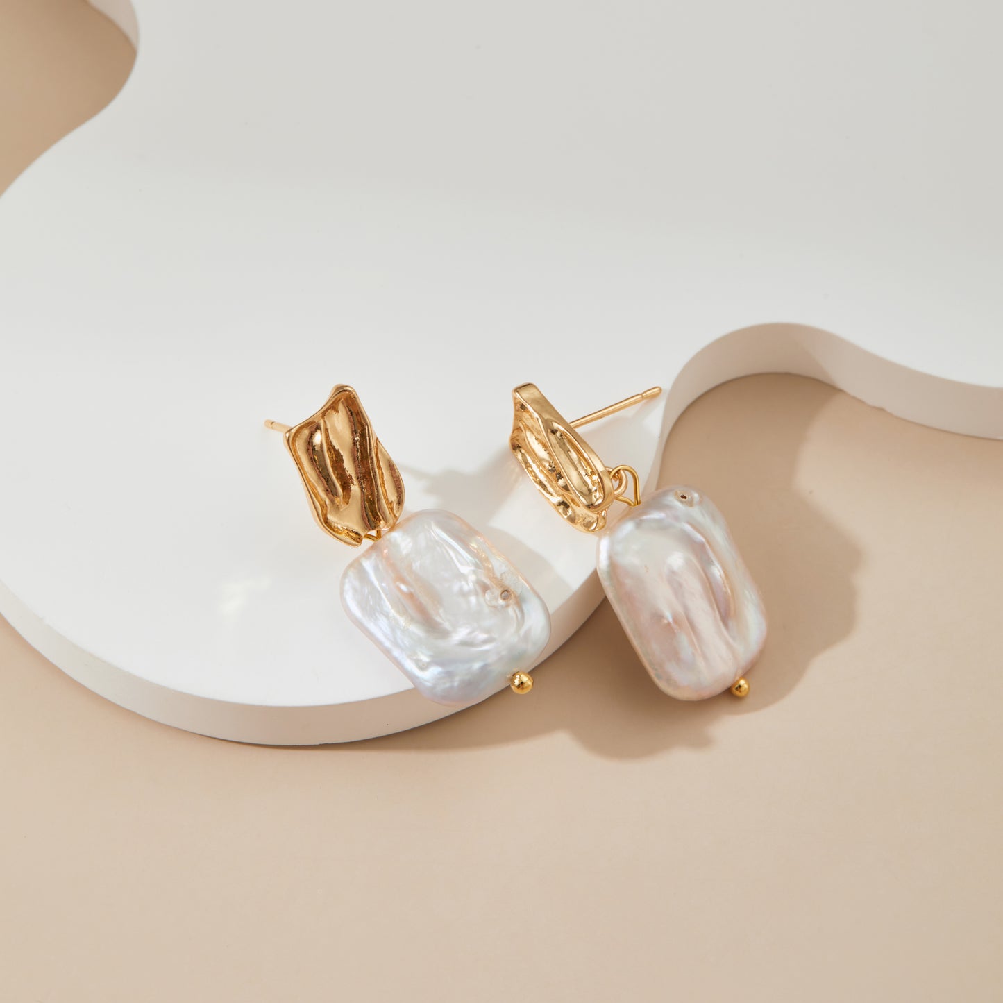Gold Square Baroque Freshwater Pearl Drop Earrings