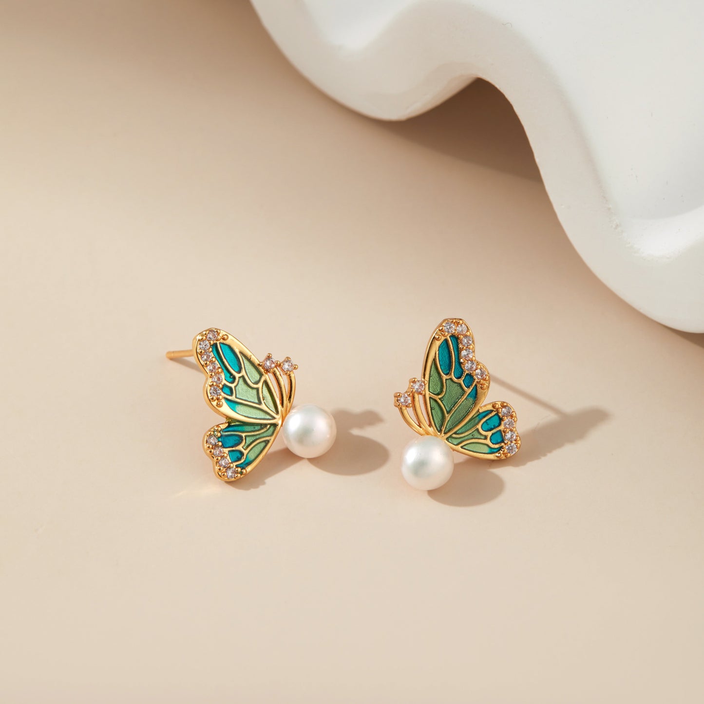 Green Butterfly pearl ear studs