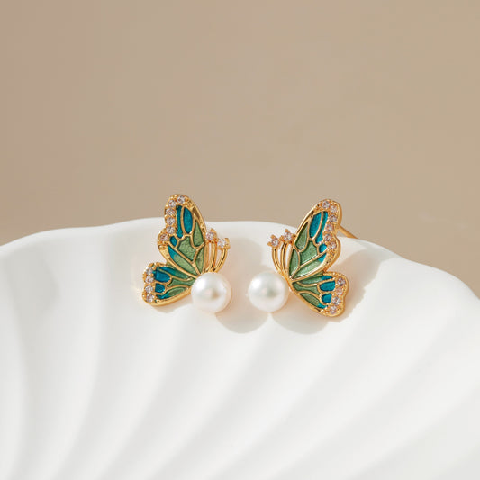 Green Butterfly pearl ear studs