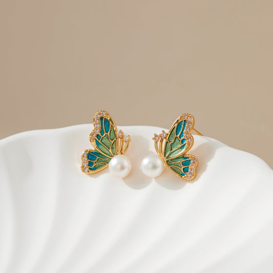 Green Butterfly pearl ear studs