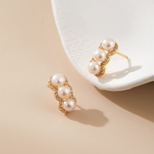 Three Moons – Triple Pearl & CZ Bar Stud Earrings