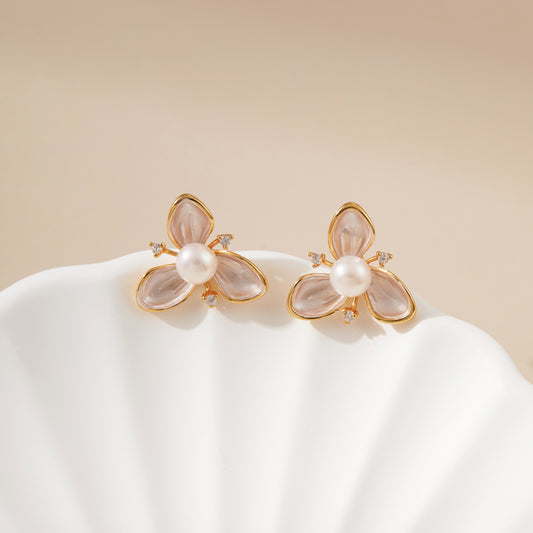 Morning Orchid – Shell Petal Flower & Pearl Stud Earrings