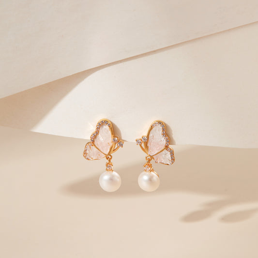 Crystal Wings – Blush Butterfly & Pearl Drop Earrings