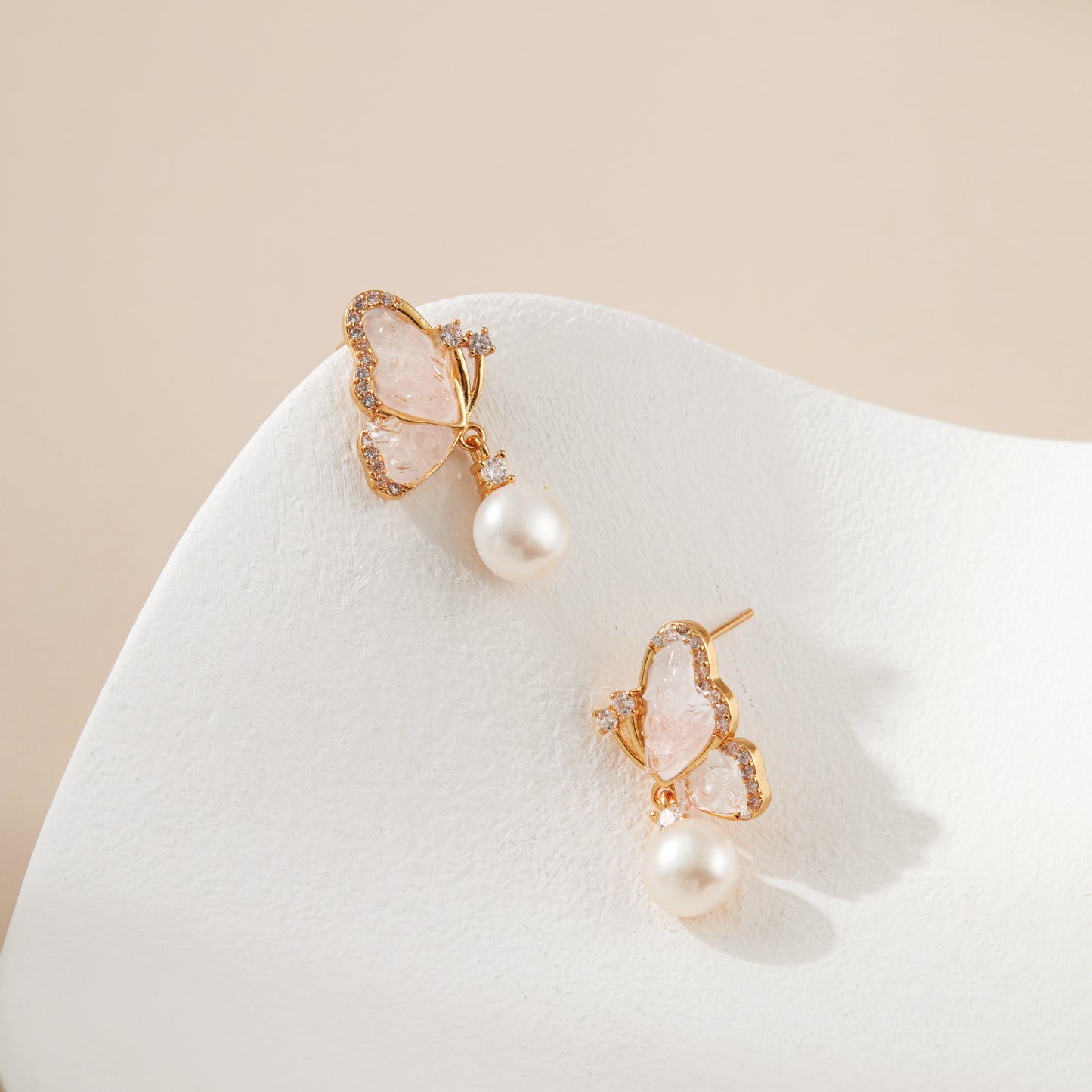 Crystal Wings – Blush Butterfly & Pearl Drop Earrings