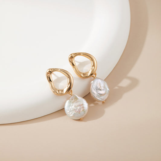 Moon Drop – Organic Loop & Coin Pearl Drop Earrings