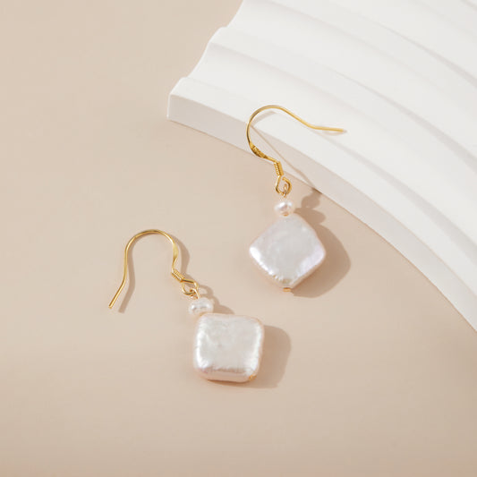 Gold Vermeil Baroque Pearl Square Dangle Earrings