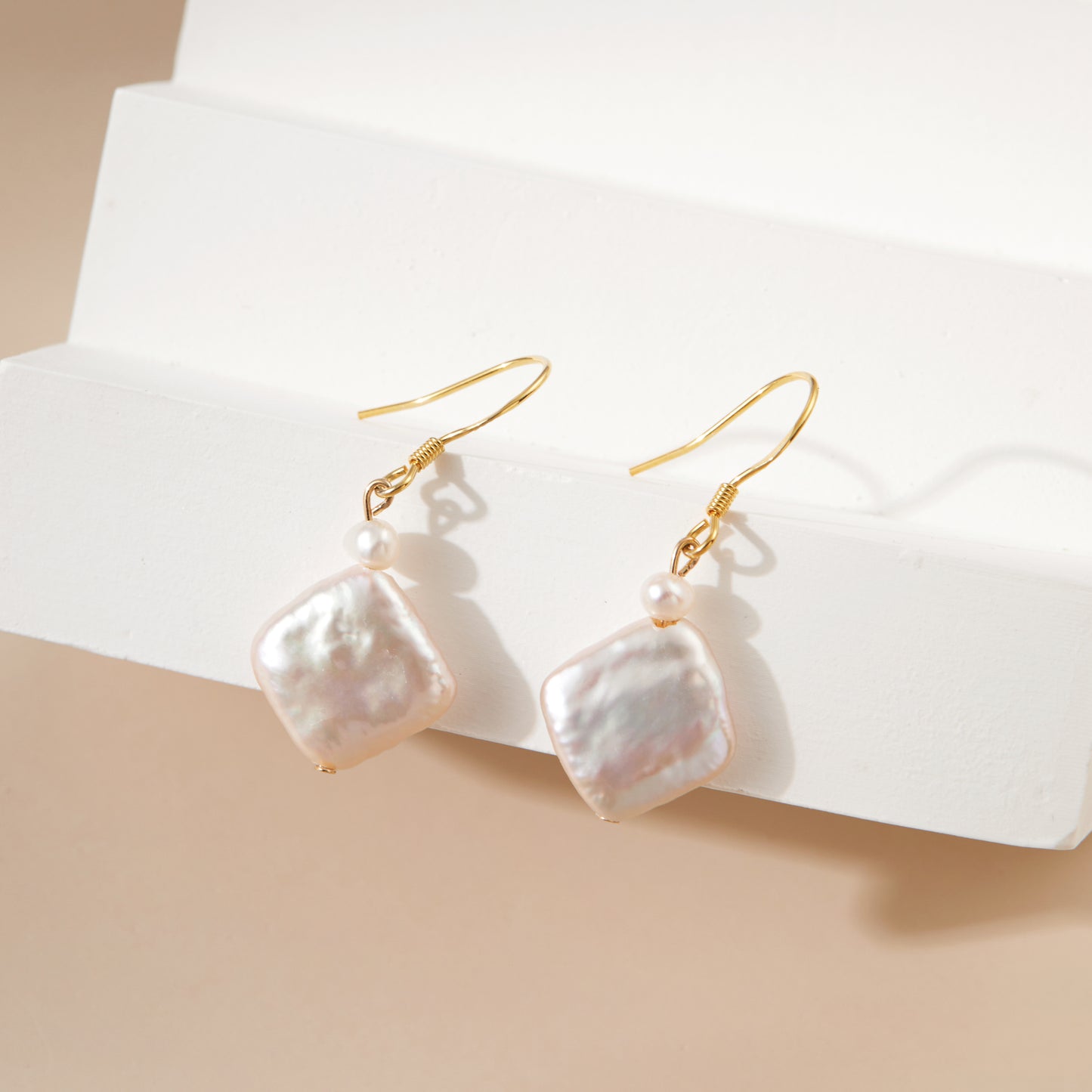 Gold Vermeil Baroque Pearl Square Dangle Earrings