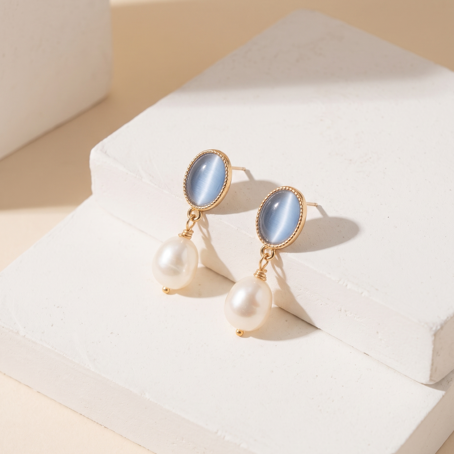 Blue Mist โ Cat's Eye Stone & Pearl Drop Earrings