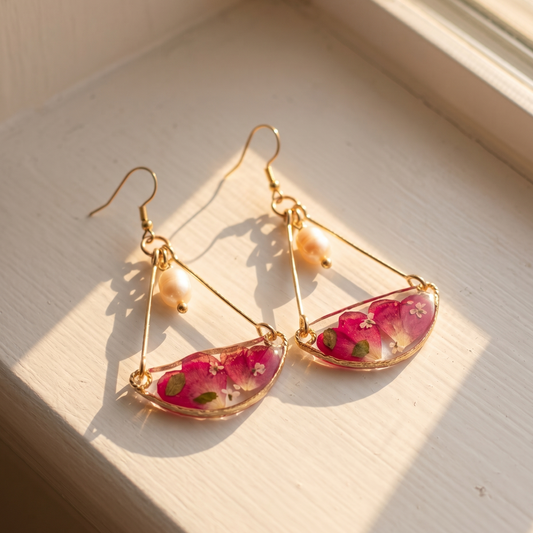 Wildflower Triangle – Pressed Pink Wildflower & Pearl Triangle Resin Drop Earrings