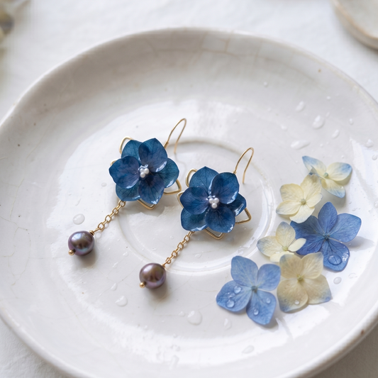 Hydrangea – Deep Blue Hydrangea & Pearl Drop Earrings