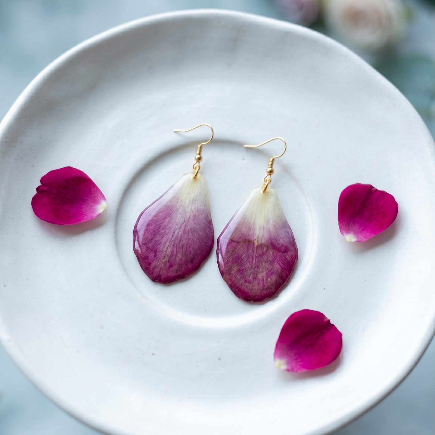 Orchard Petal – 3D Purple Orchid Petal Clear Teardrop Resin Drop Earrings