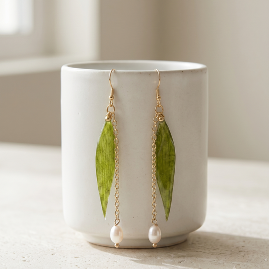 Bamboo Leaf – Bamboo Leaf & Pearl Long Drop Earrings