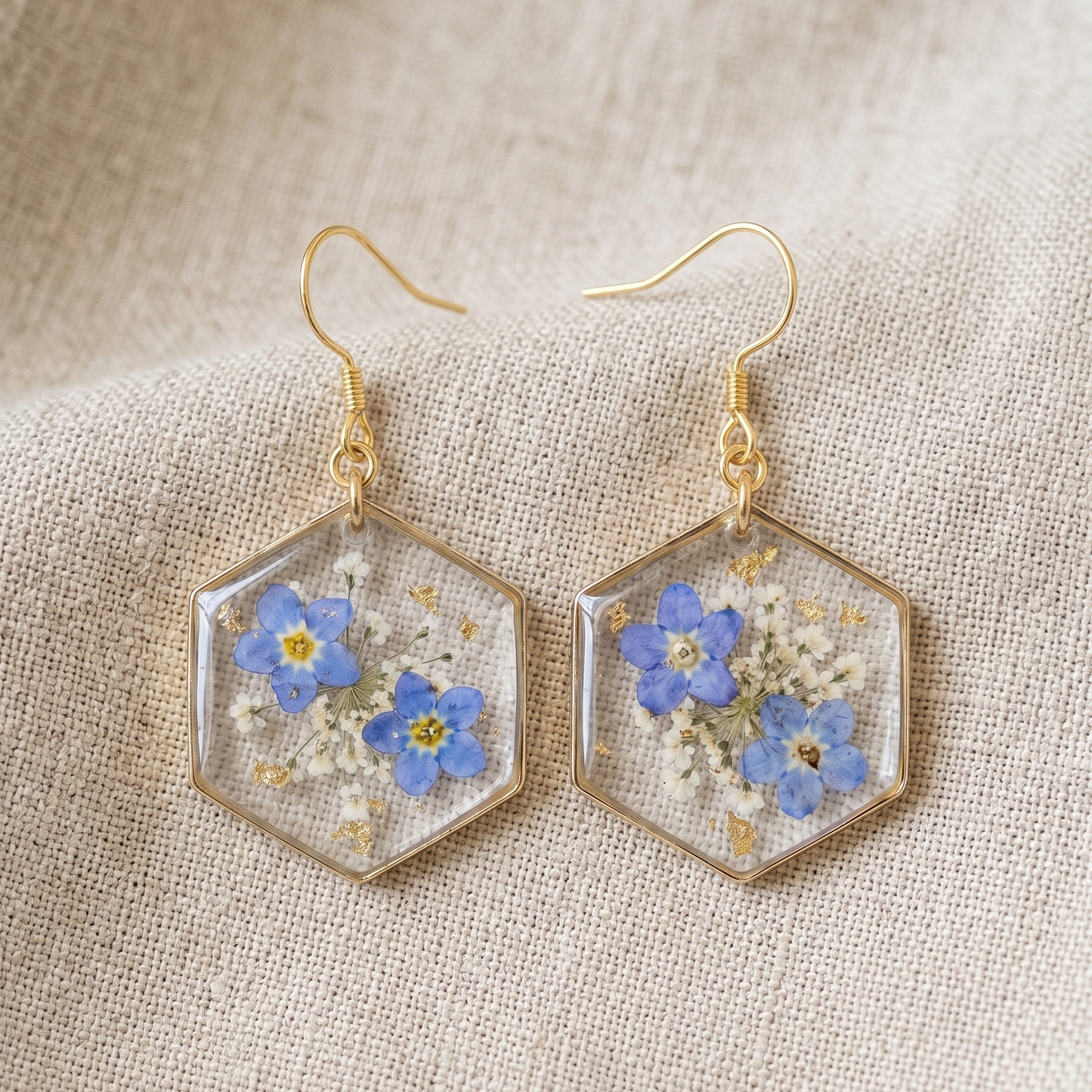 Forget Me Not – Pressed Forget-Me-Not Clear Hexagon Resin Drop Earrings