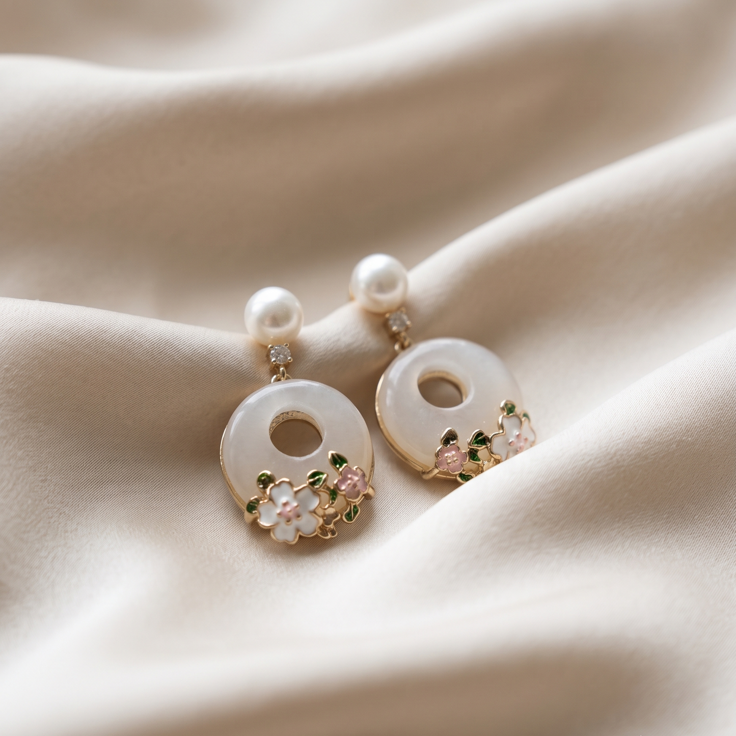 Rose Garden โ Jade Ring & Pink Rose Enamel Pearl Drop Earrings