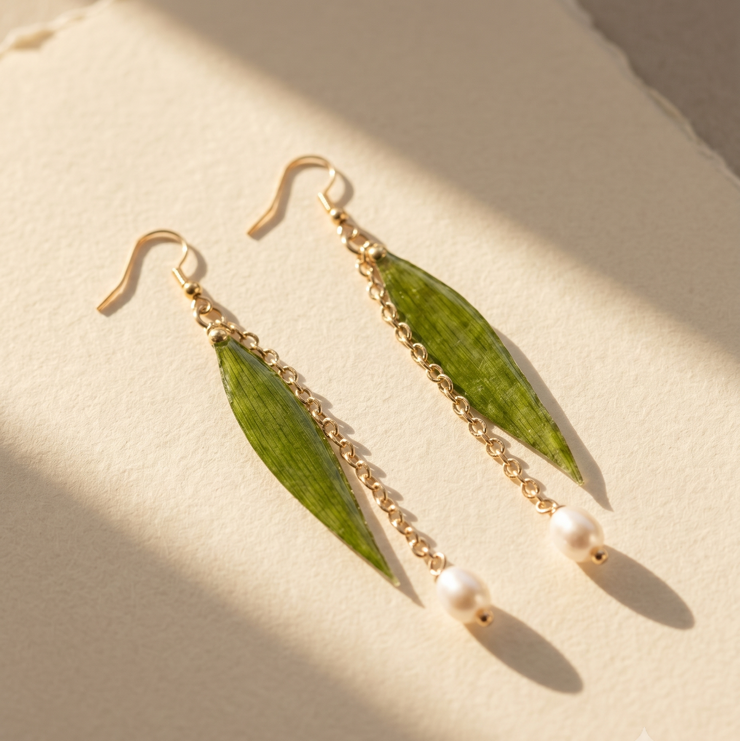 Bamboo Leaf – Bamboo Leaf & Pearl Long Drop Earrings