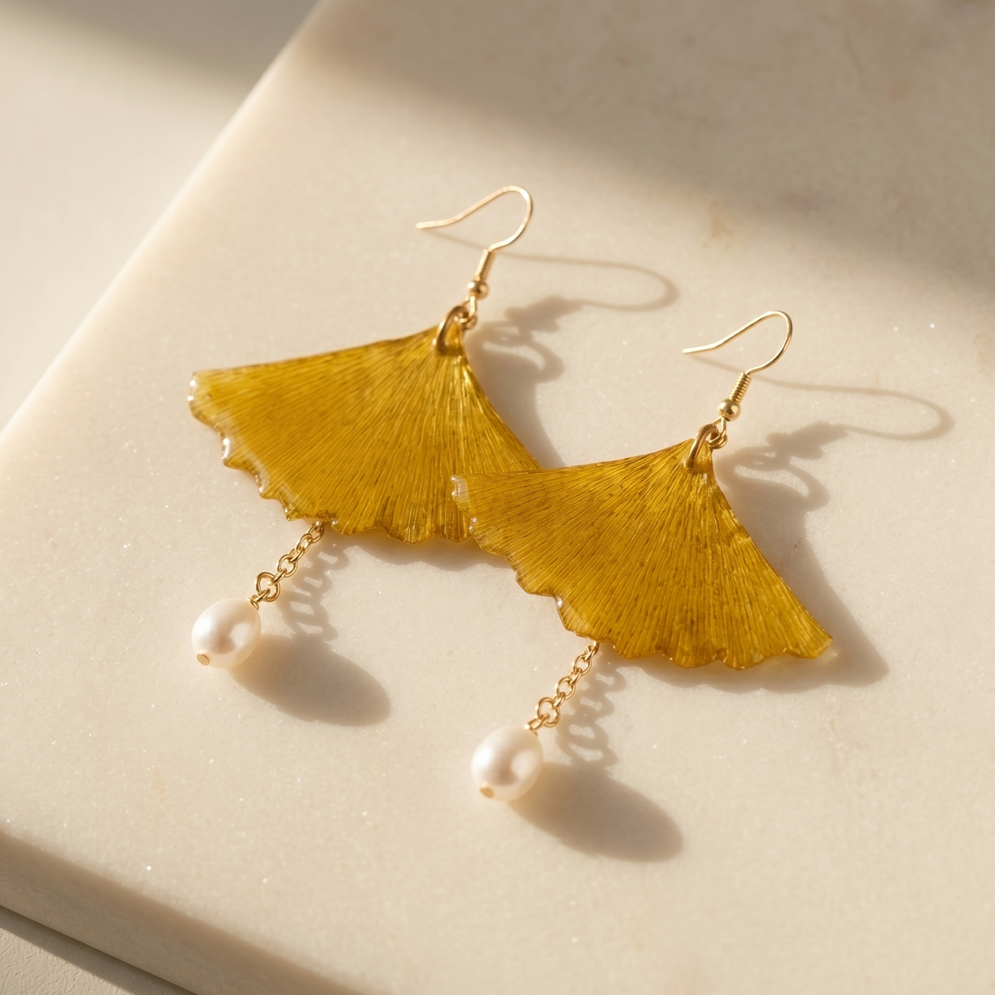 Ginkgo – Yellow Ginkgo Fan Leaf & Pearl Drop Earrings