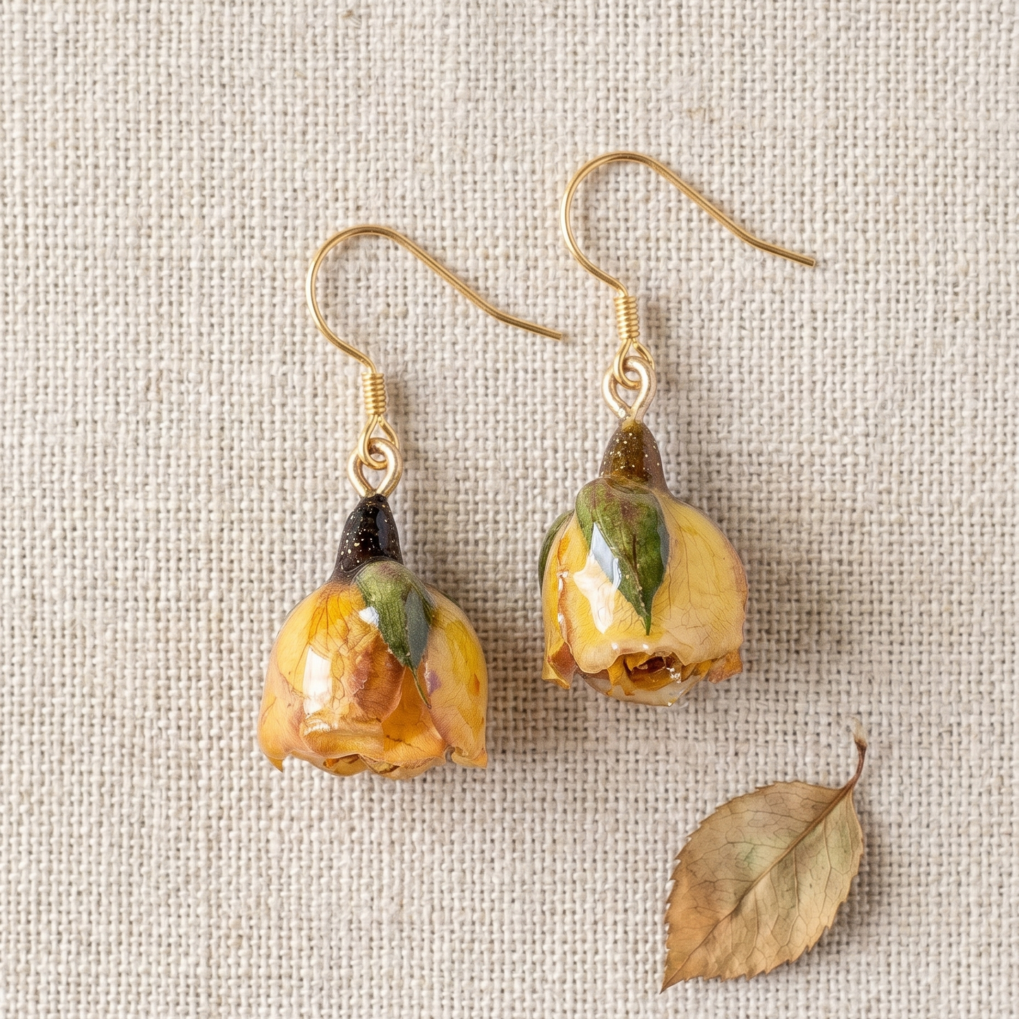 Rose Bud – Yellow Dried Rose Bud Drop Earrings