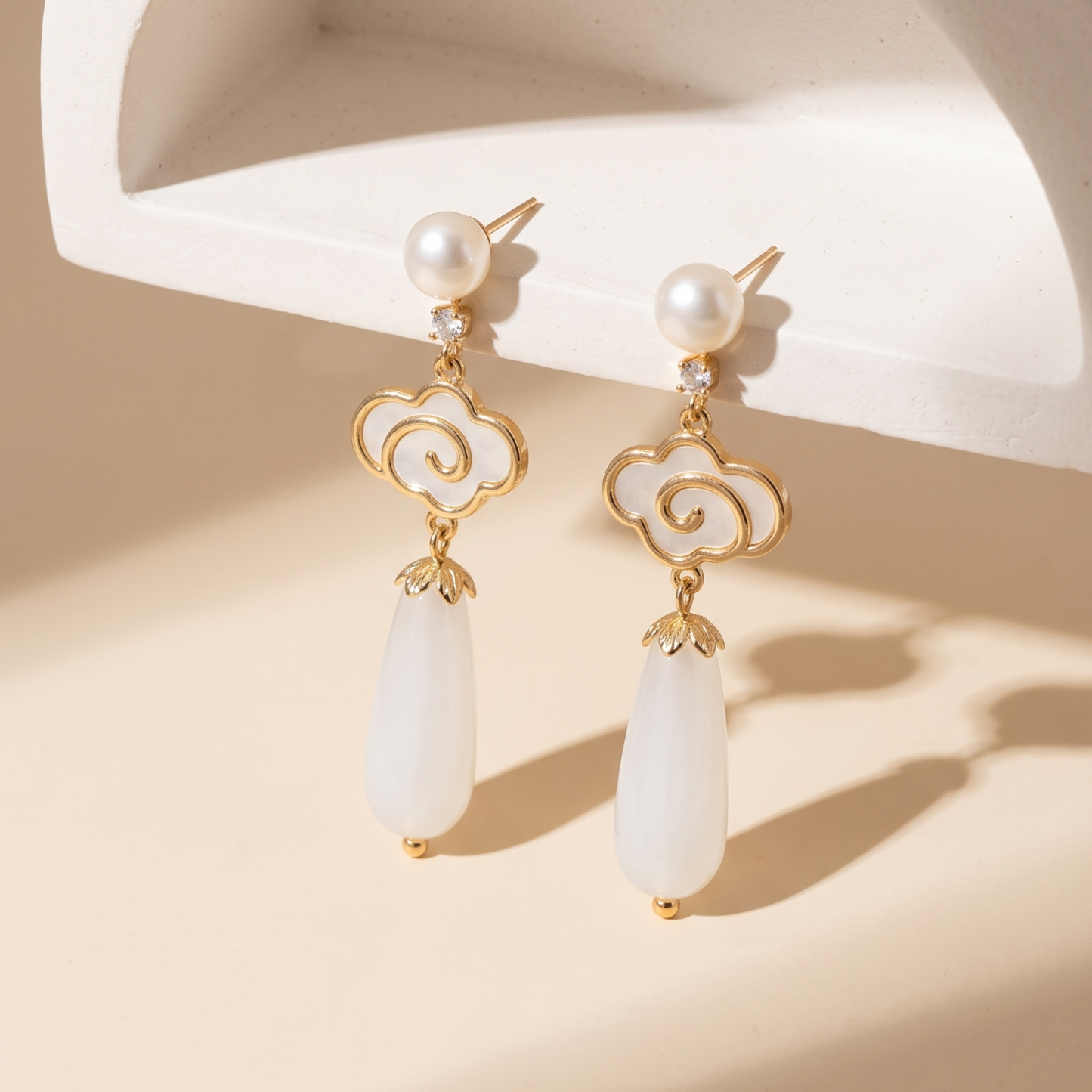 Cloud Drop โ Auspicious Cloud & Jade Teardrop Pearl Drop Earrings
