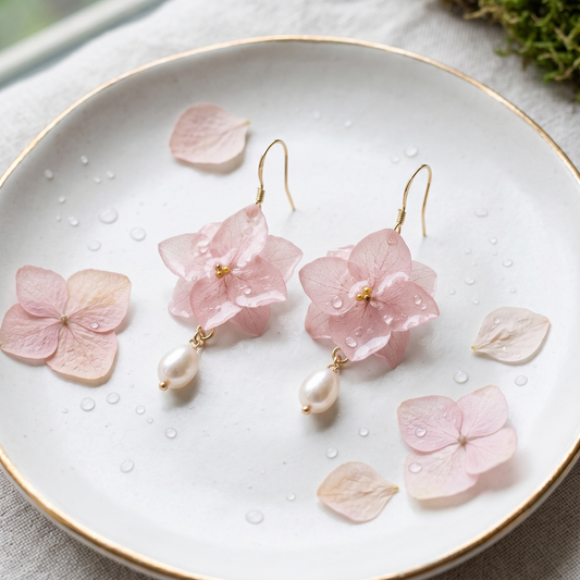 Hydrangea – Pink Hydrangea & Pearl Drop Earrings