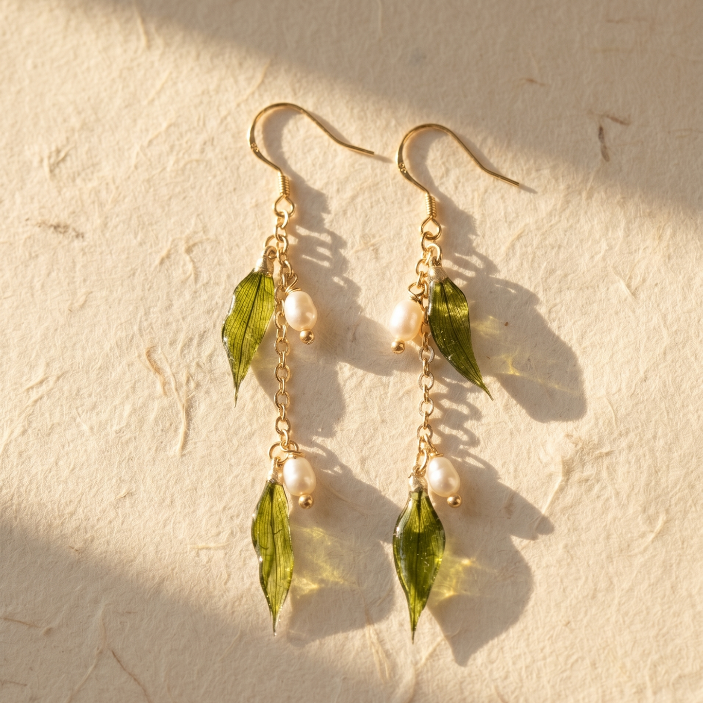 Mini Leaves – Dried Mini Leaf & Pearl Long Drop Earrings