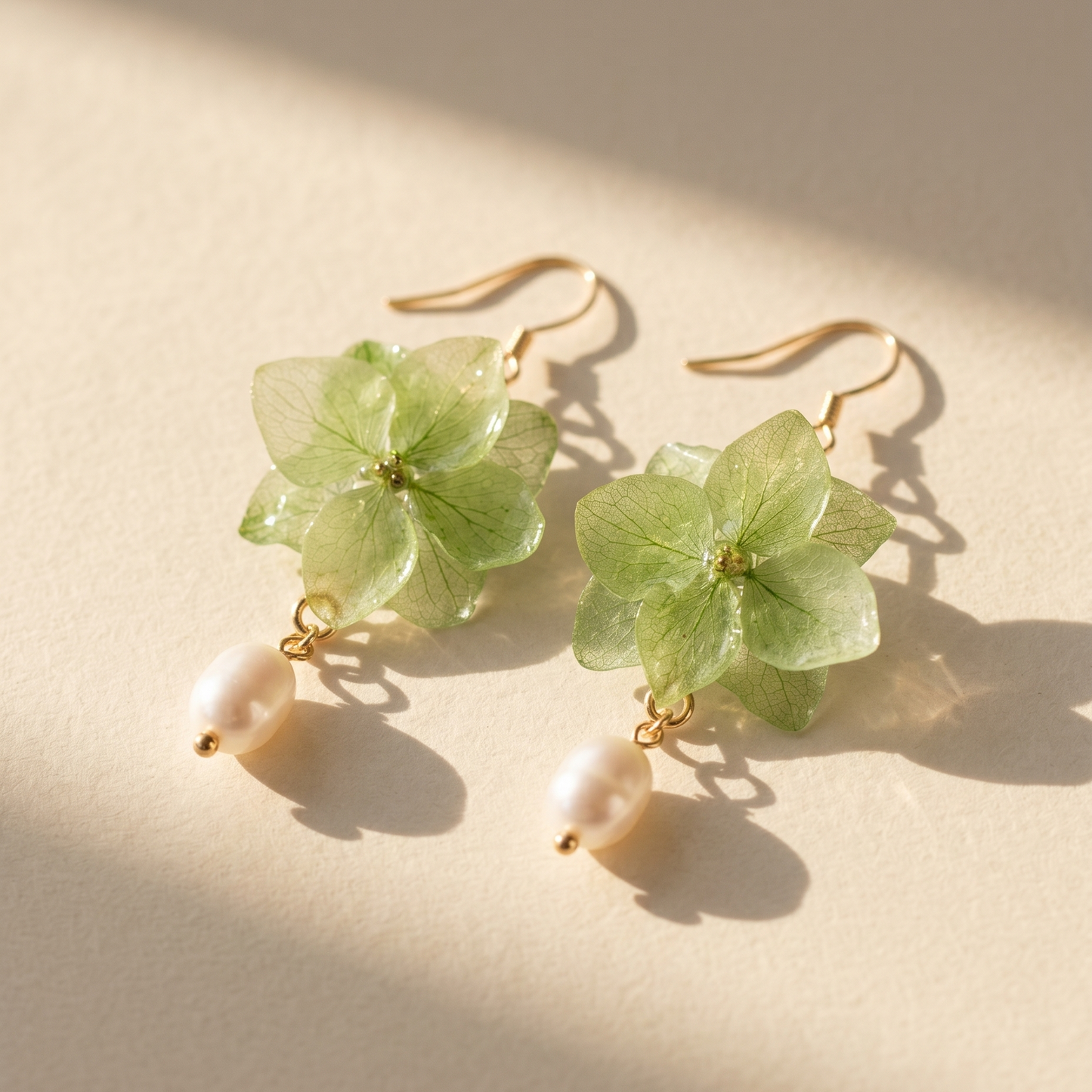 Hydrangea – Green Hydrangea & Pearl Drop Earrings