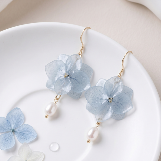 Hydrangea – Blue Hydrangea & Pearl Drop Earrings
