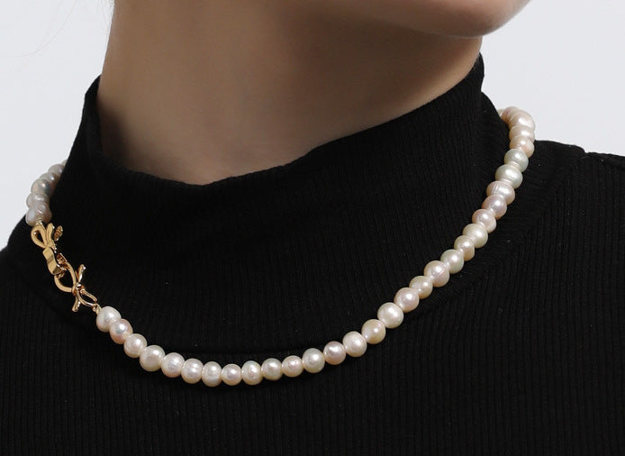 Double Bow Clasp Barque Pearl Necklace
