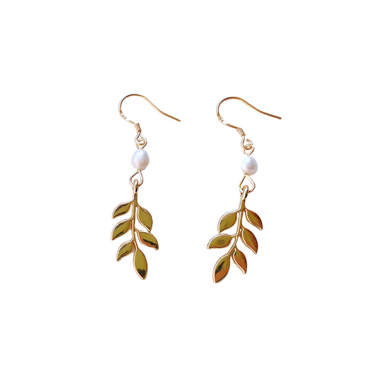 Golden Leaf Pearl Earrings