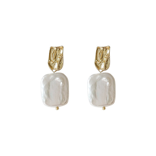 Gold Square Baroque Freshwater Pearl Drop Earrings