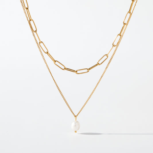 Two Lengths – Double-Layer Paperclip Chain & Pearl Drop Necklace