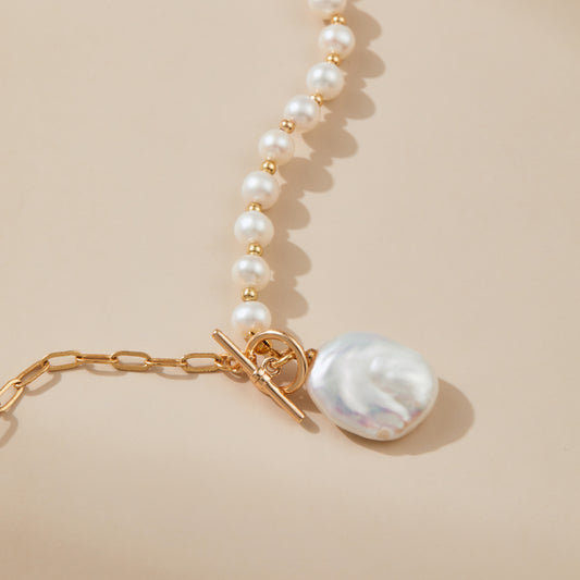 Half & Half – Pearl & Gold Chain Mixed Necklace with Baroque Pearl Pendant