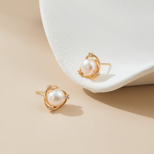 Orbit – Triple-Arc CZ & Pearl Stud Earrings