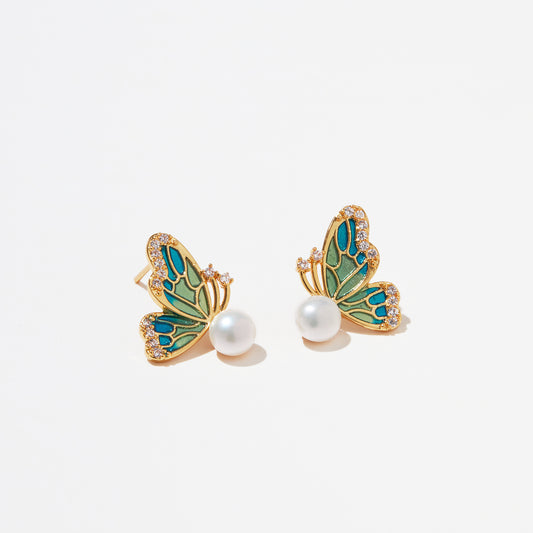 Wandering Wing – Teal Butterfly Enamel & Pearl Stud Earrings
