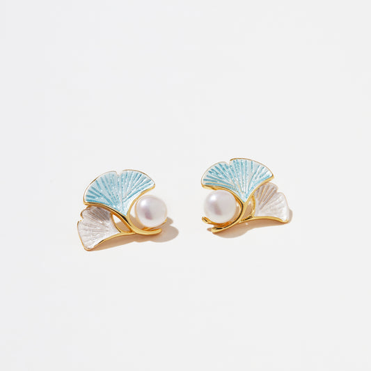 Two Seasons – Dual Ginkgo Enamel & Pearl Stud Earrings