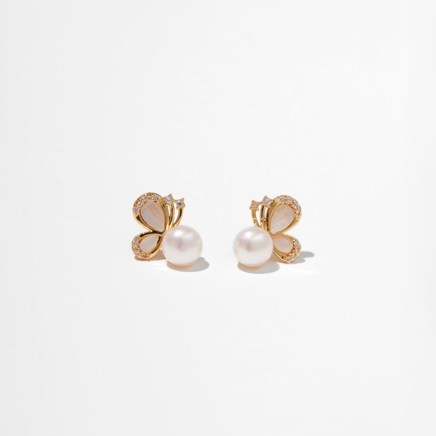 Soft Flutter – Blush Stone Butterfly & Pearl Stud Earrings