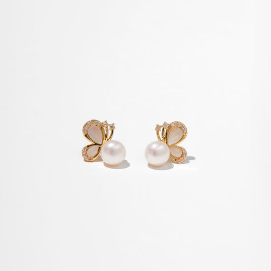 Soft Flutter – Blush Stone Butterfly & Pearl Stud Earrings