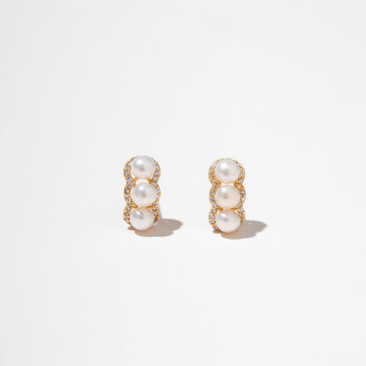 Three Moons – Triple Pearl & CZ Bar Stud Earrings