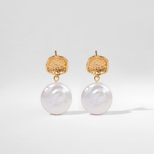 Cobblestone – Textured Gold & Coin Pearl Drop Earrings