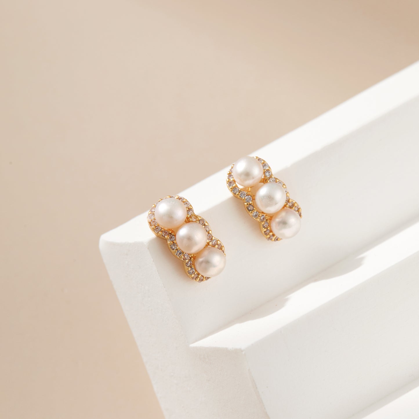 Three Moons – Triple Pearl & CZ Bar Stud Earrings