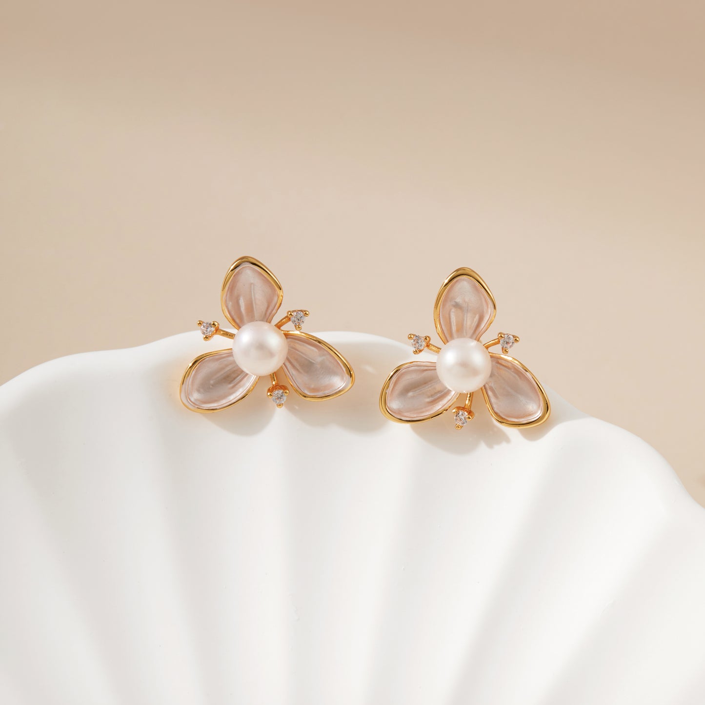 Morning Orchid – Shell Petal Flower & Pearl Stud Earrings