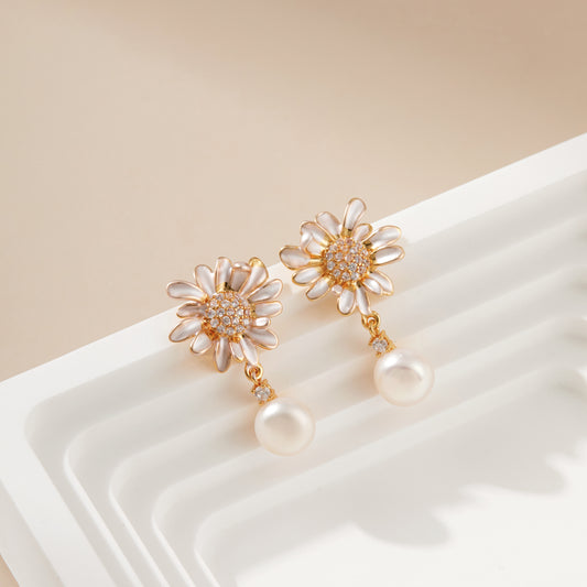 Daisy's Dream – White Enamel Daisy & Pearl Drop Earrings