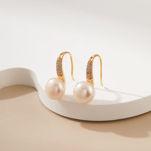 Sparkling Arc – CZ Pavé Hook & Pearl Drop Earrings